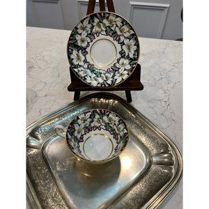 Vintage Rosina China England Tea Cup & Saucer Lilies Black White Gold # 4860